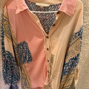 Mystree Women's Patchwork Button-Up Top - Pink and Blue